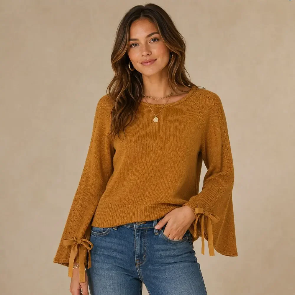 Sundance SZ M Aryka Wool-Cotton Blend Sweater Bell Sleeves With Ties Gold